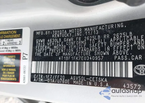 2014 Toyota Camry Se from USA, damaged, VIN 4T1BF1FK7EU340957